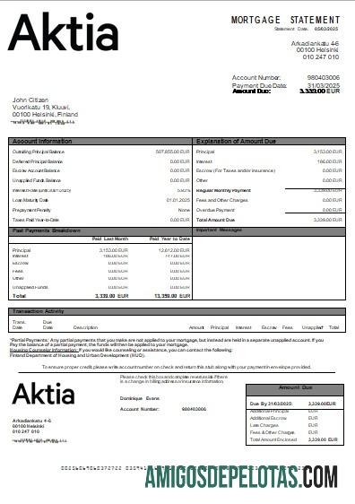 Declaração de hipoteca do Aktia Bank da Finlândia Scr modelo